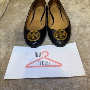 Tory Burch Black Quilted Leather Logo Flats with Gold Emblem